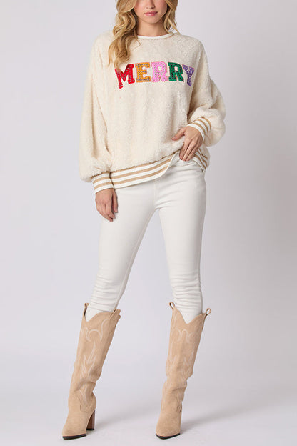 Sudadera de cuello redondo de manga larga con letras navideñas y diamantes de imitación