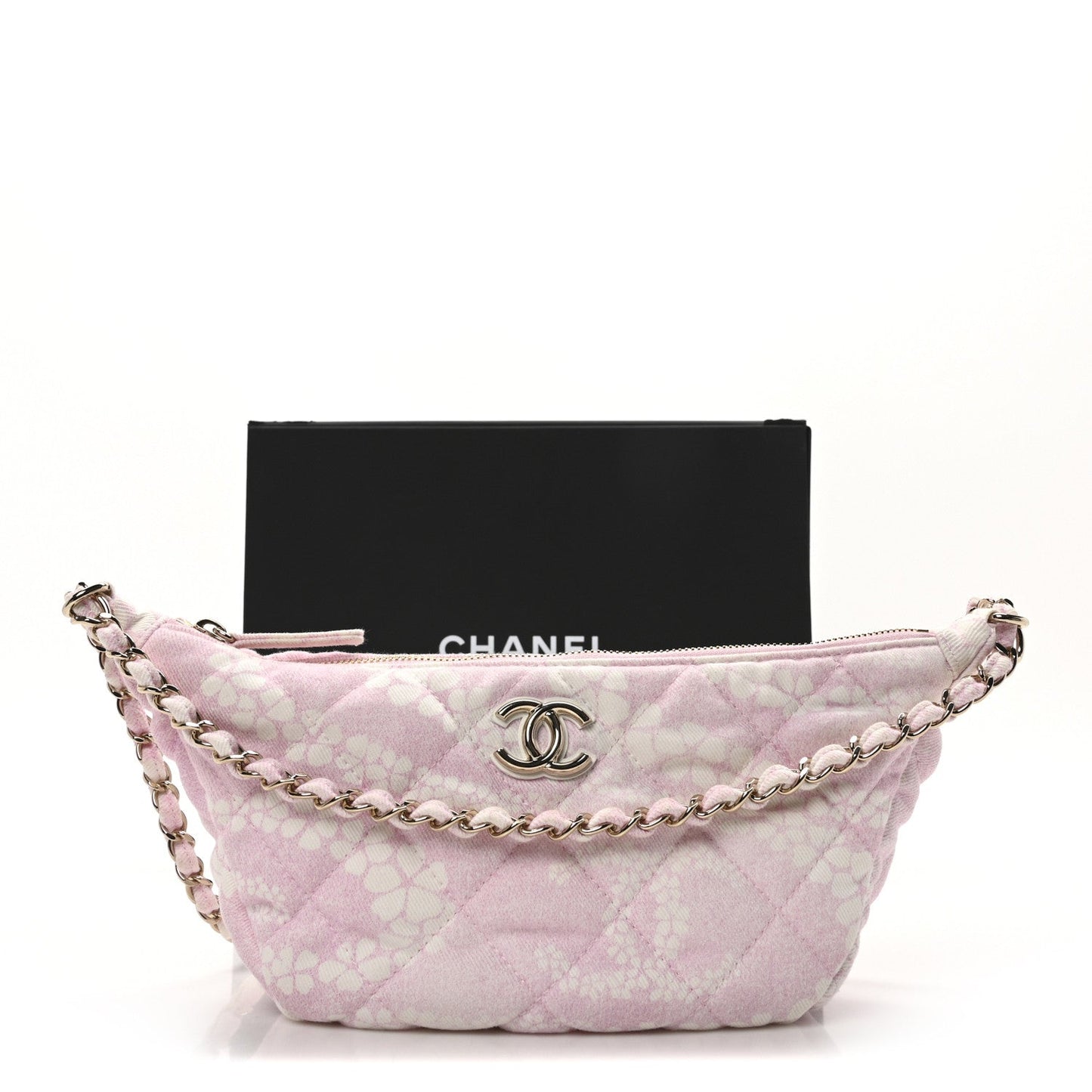 Printed Denim Quilted Large Hobo Bag Light Pink White