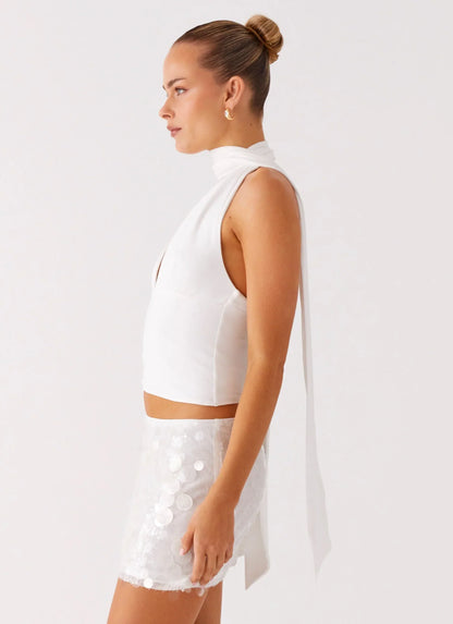 Milos Scarf Halter Neck Top - White