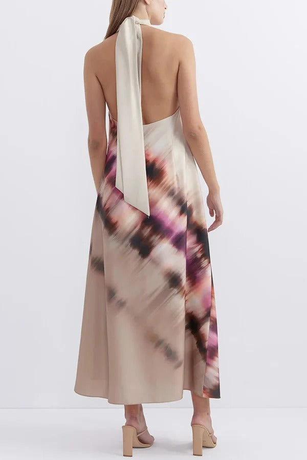Vestido largo con cuello halter, espalda descubierta y cordones, estampado único