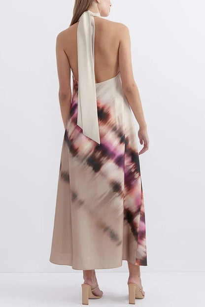 Vestido largo con cuello halter, espalda descubierta y cordones, estampado único