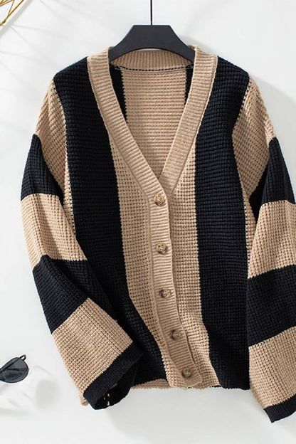 Suéter tipo cárdigan de rayas contrastantes para mujer, camisa informal holgada de punto para otoño e invierno. 