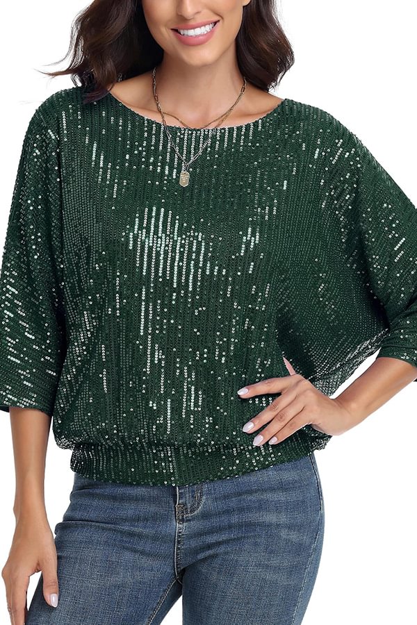 Top casual holgado de cuello redondo con lentejuelas de color liso