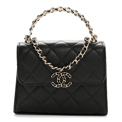 Caviar Quilted Double Chain Top Handle Flap With Chain Black