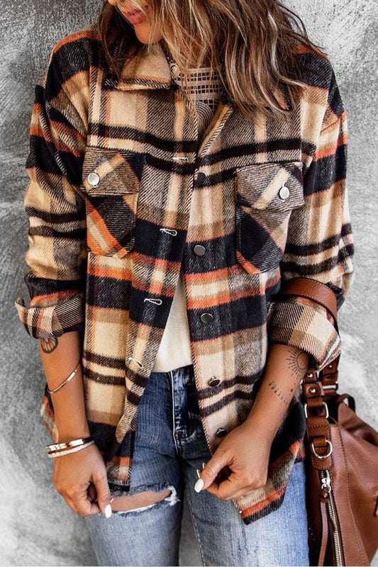 Chaqueta de franela de manga larga con botones y cuadros marrones