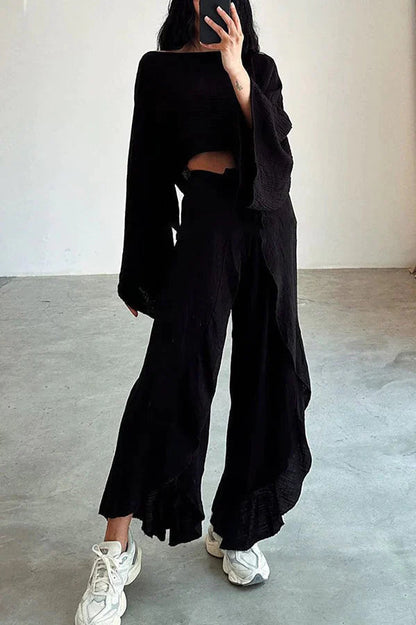 Conjunto de top corto de mezcla de lino y pantalón con volantes y cintura elástica, ideal para vacaciones