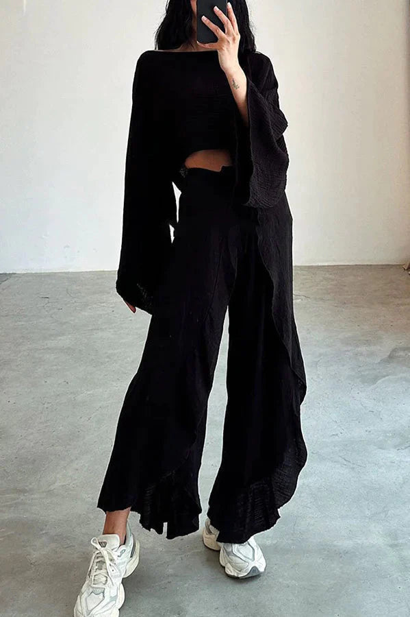 Conjunto de top corto de mezcla de lino y pantalón con volantes y cintura elástica, ideal para vacaciones