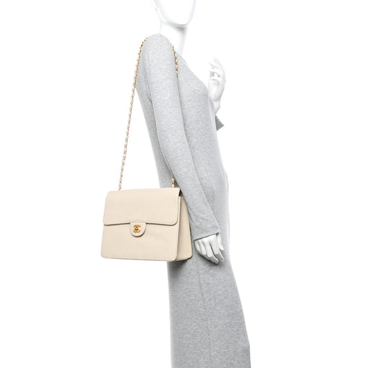 Caviar Stitch Medium Single Flap Beige Clair