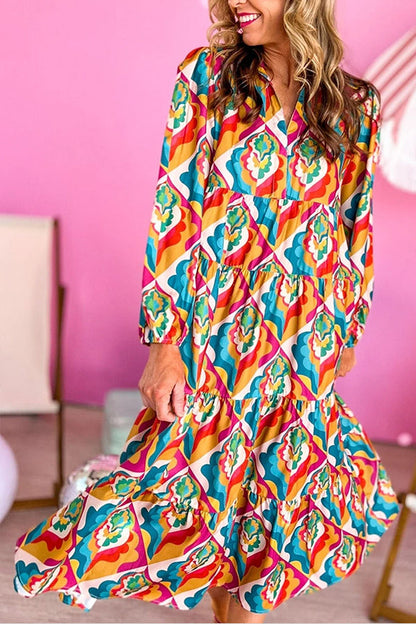 Vestido bohemio con cuello con muescas y estampado geométrico abstracto multicolor