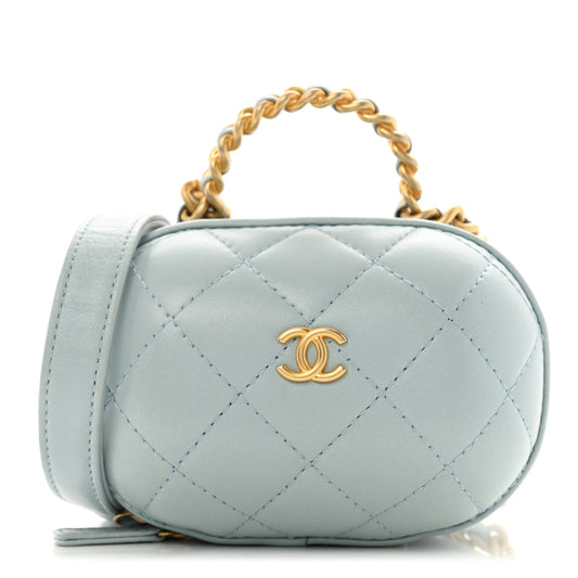 Lambskin Quilted CC Bubble Vanity Case With Chain Light Blue