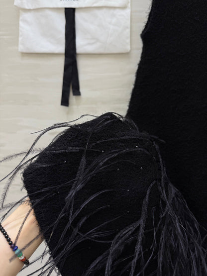 CC Ostrich Feather Rhinestone Vest Dress Black Mulberry Silk Yarn 346472