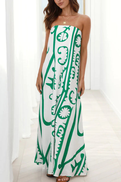 Vestido largo Connie - Blanco y verde tribal