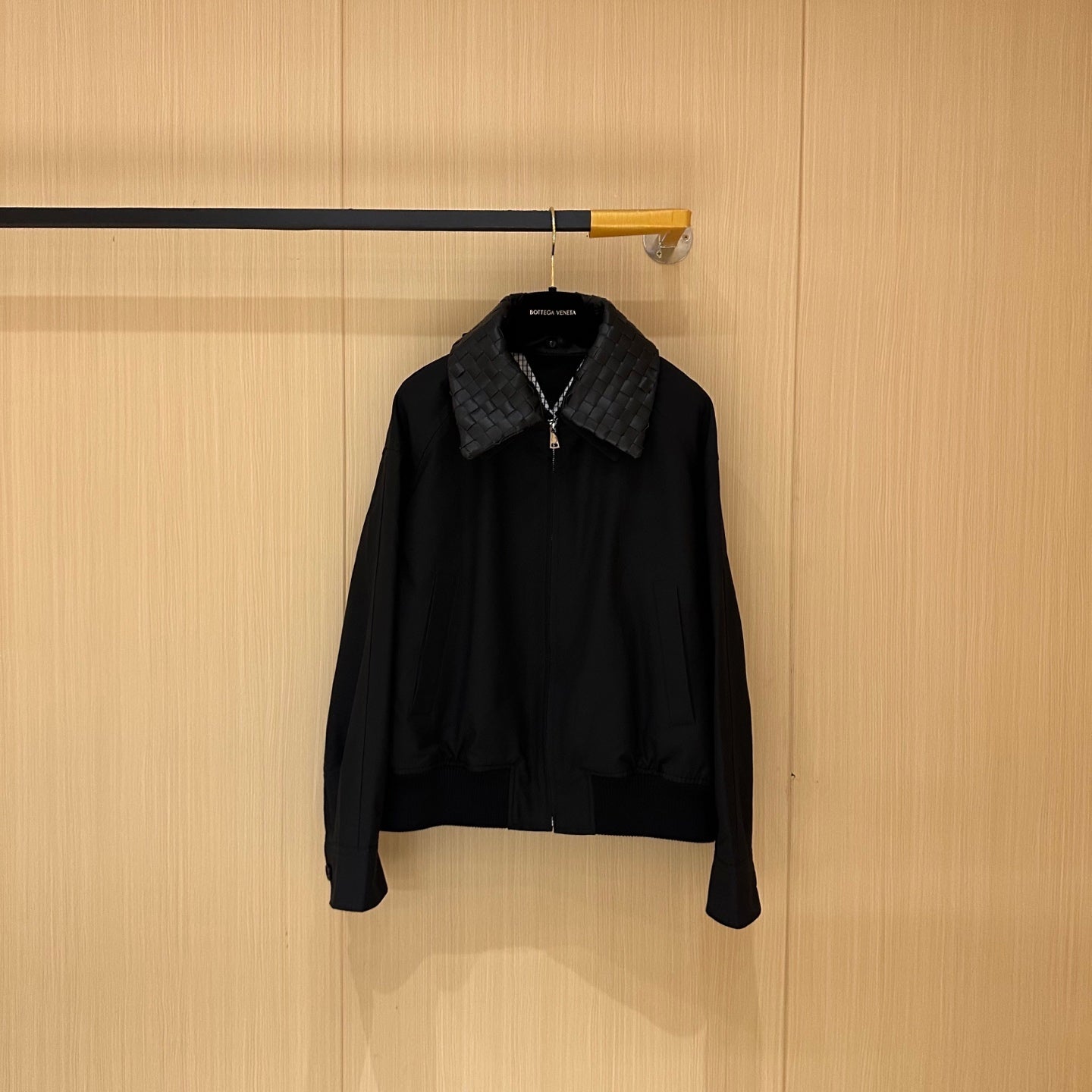 BV Leather Neck Zipped Jacket in Black Fabric