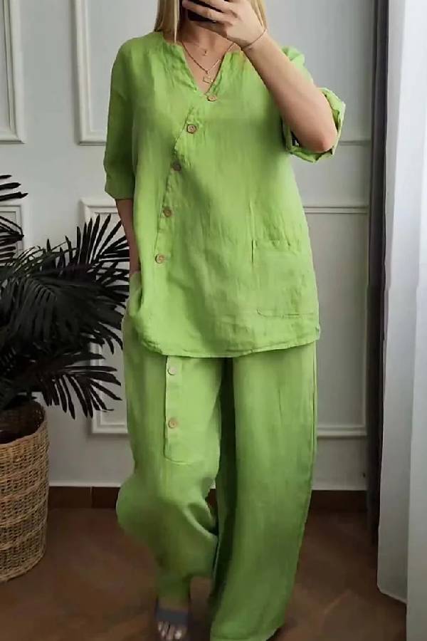 Conjunto de dos piezas de top corto y pantalón ancho de algodón y lino en color liso