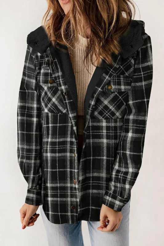 Chaqueta informal con capucha y bolsillo de manga larga a cuadros a la moda