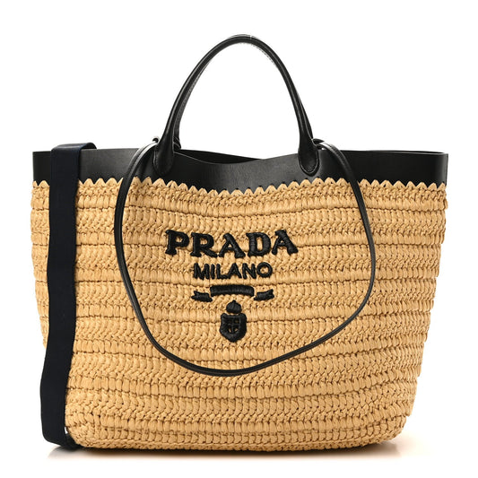 Yarn Raffia Effect Calfskin Crochet Embroidered Medium Logo Tote Tan Black