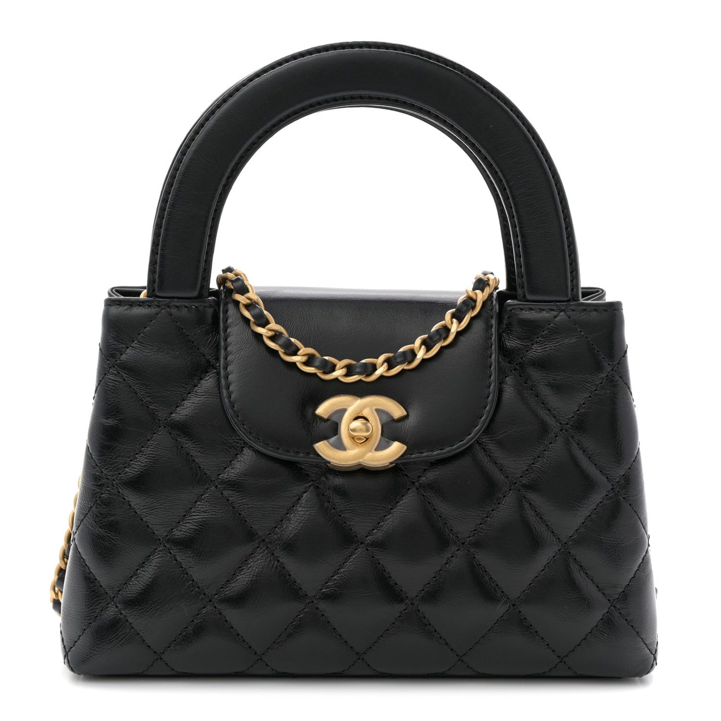 Shiny Aged Calfskin Quilted Nano Kelly Shopper Black