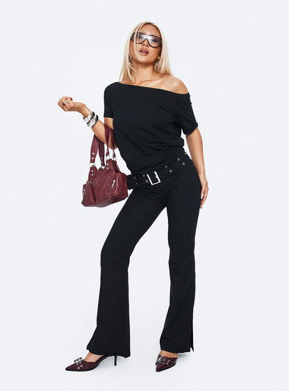 Kortnee Eyelet Detail Flare Leg Pants Black