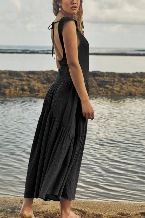 VESTIDO MÁXIMO FEMENINO CON VOLANTES Y FRANJA