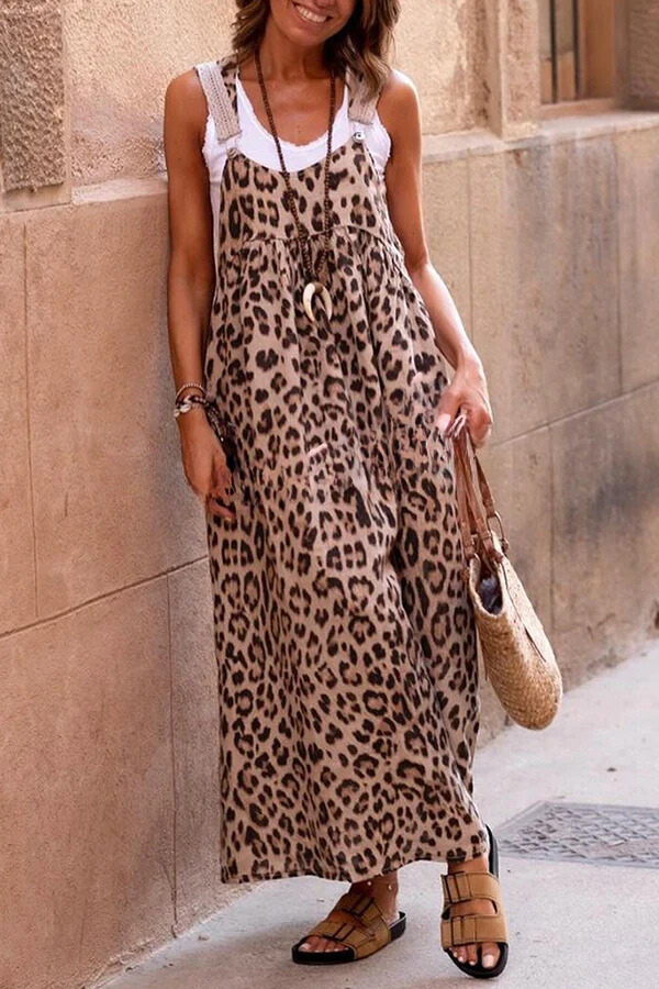 Vestido largo con tirantes y patchwork con estampado de leopardo