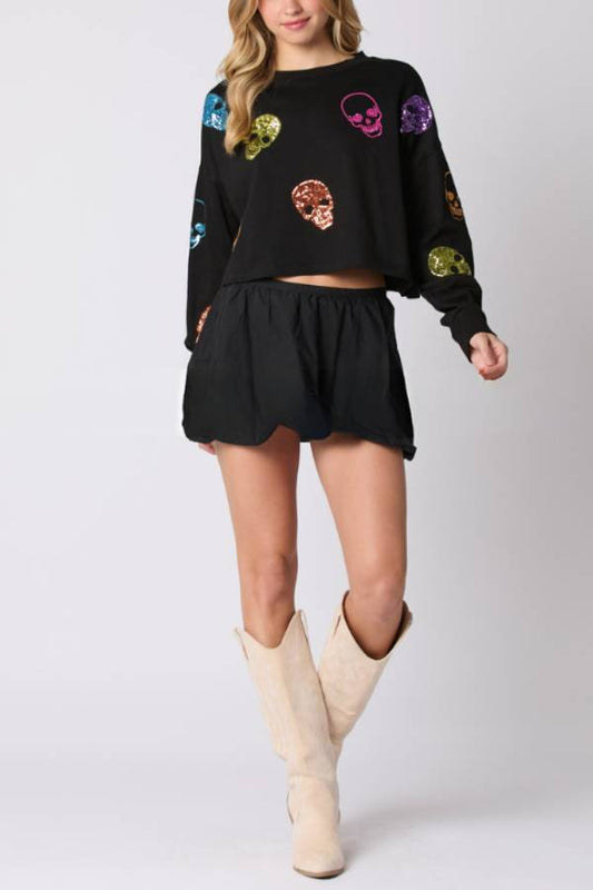 Sudadera informal holgada con lentejuelas y calavera de Halloween 