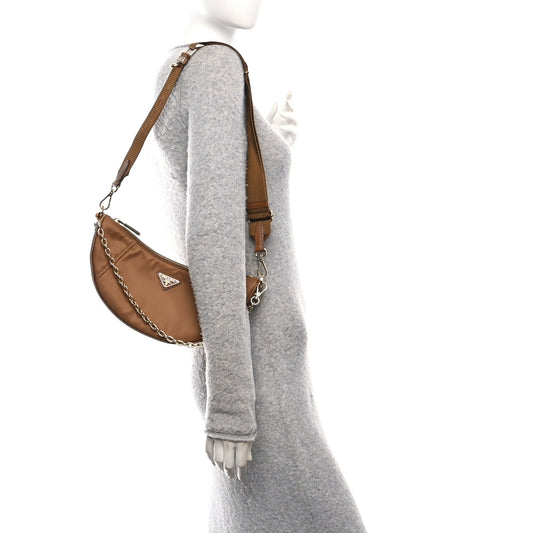 Re-Nylon Saffiano Demi-lune Shoulder Bag Brown