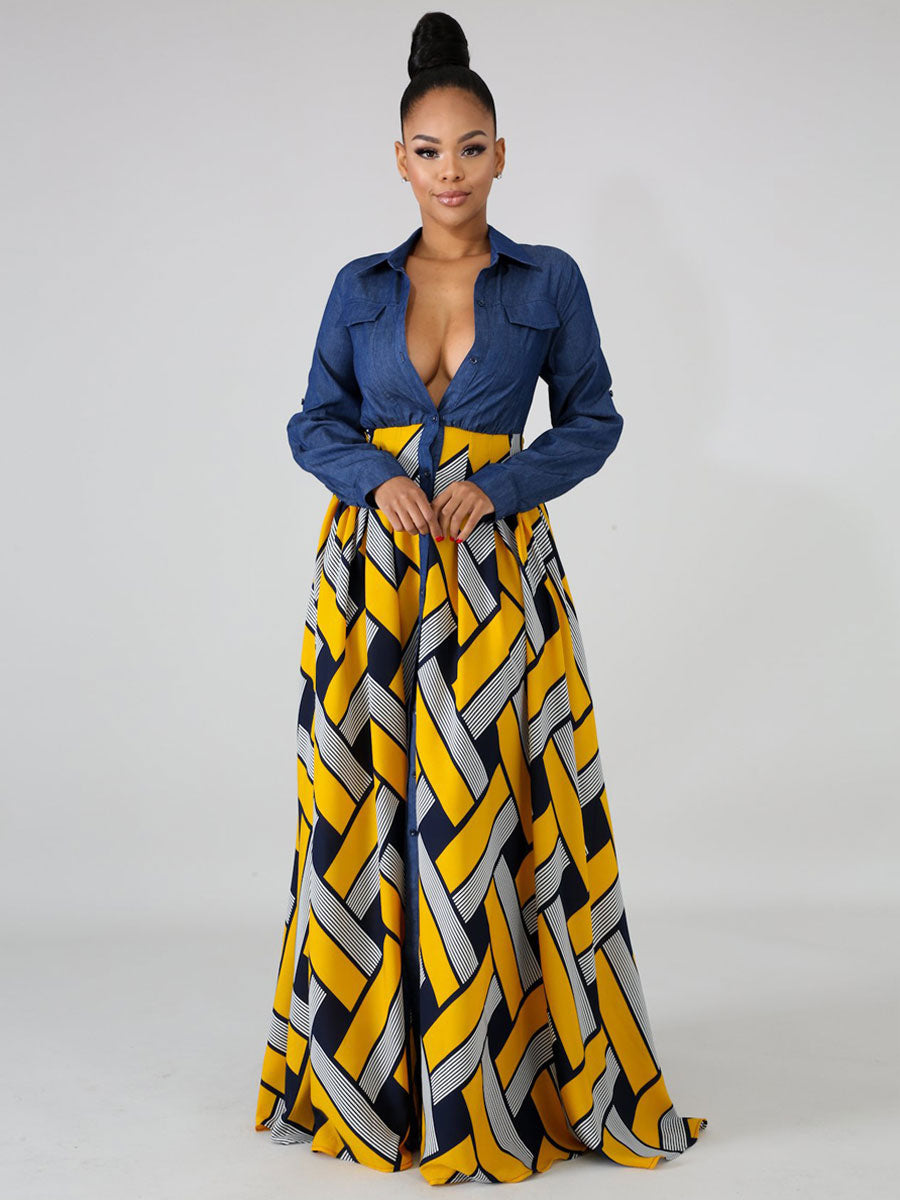Red Maxi Dresses For Women Long Sleeves Printed V-Neck Lace Up Oversized Long Dress