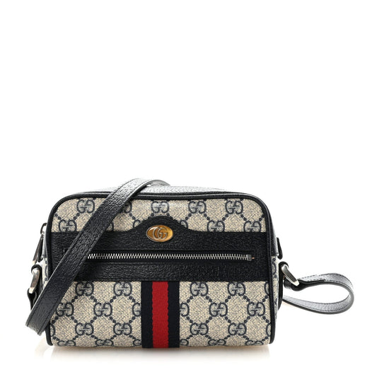 GG Supreme Monogram Textured Dollar Calfskin Web Mini Ophidia Shoulder Bag Beige Blue