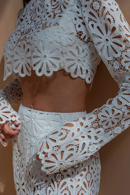 Top corto de vacaciones de manga larga con estampado floral y encaje de crochet de Balmy Summers