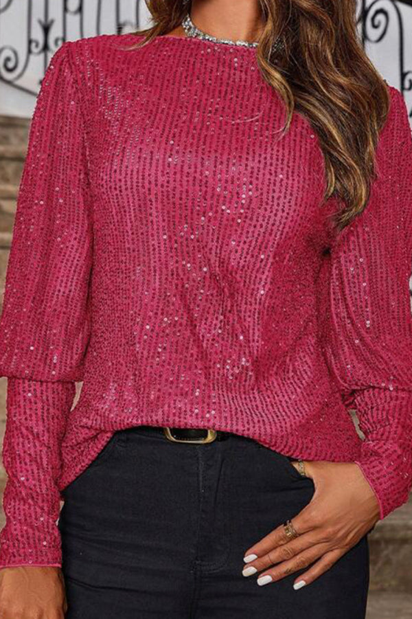 Top holgado de manga larga con cuello redondo y lentejuelas de color liso