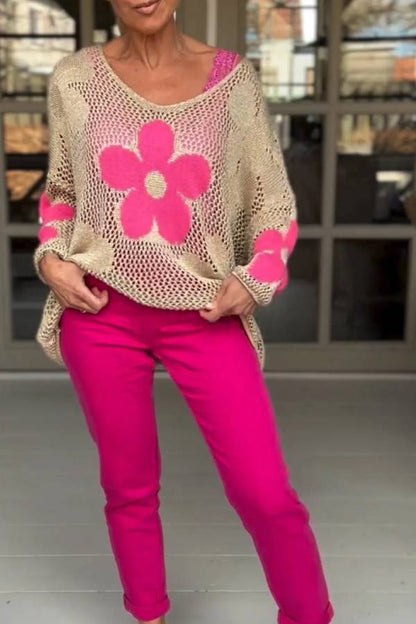 Camisa de punto floral con cuello en V calado Suéter de malla floral