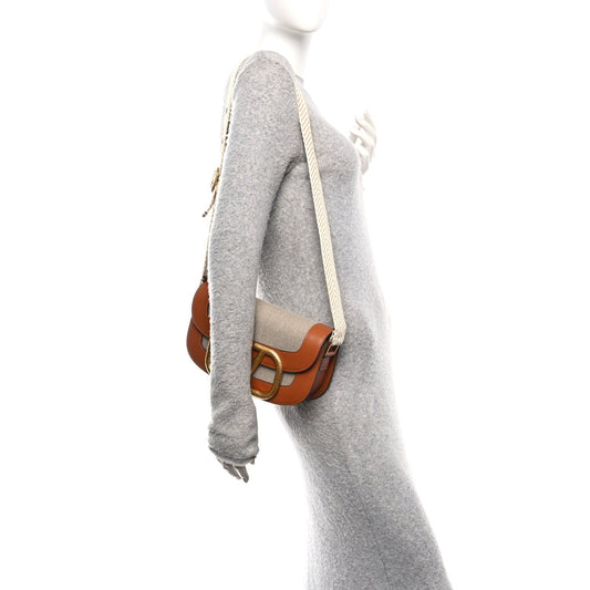 Calfskin Linen Supervee Crossbody Bag Saddle Brown Natural