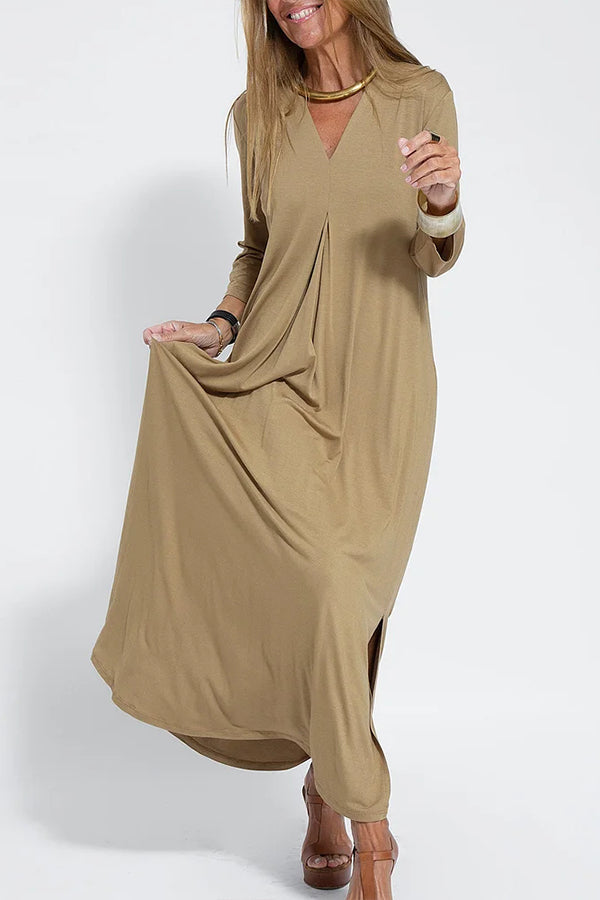 Vestido largo informal de color liso con cuello en V para mujer
