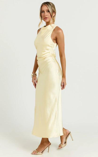Aluna Midi Dress - High Neck Cross Back Satin Slip Dress in Lemon