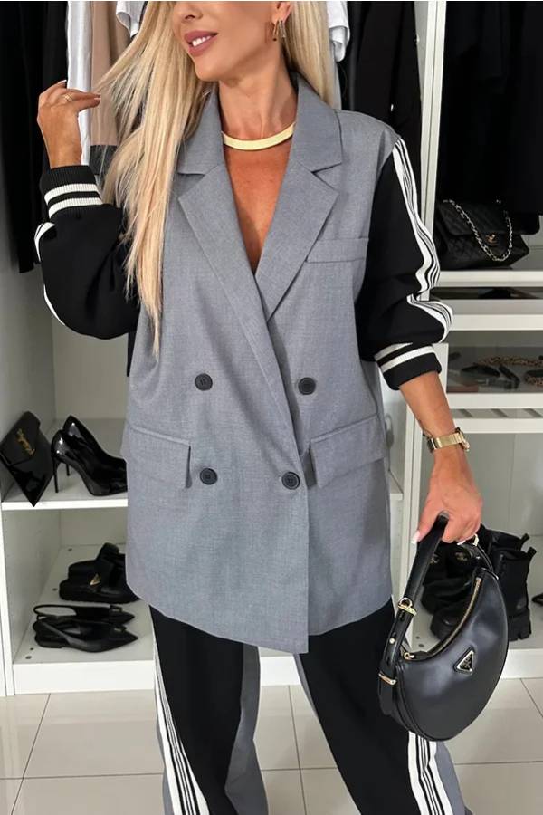 Conjunto de sudadera Pleasant Breathe con blazer extragrande de patchwork y pantalones holgados con bolsillo en la cintura elástica 