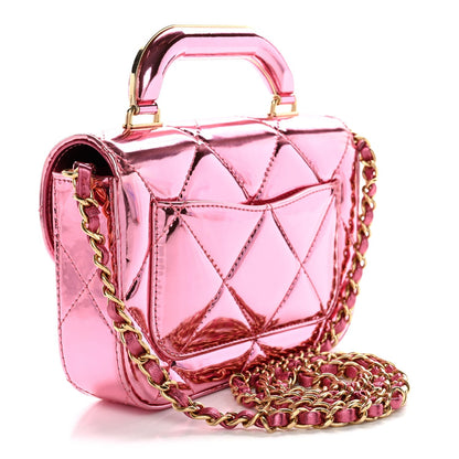 Mirror Metallic Calfskin Quilted Mini Top Handle Flap Pink