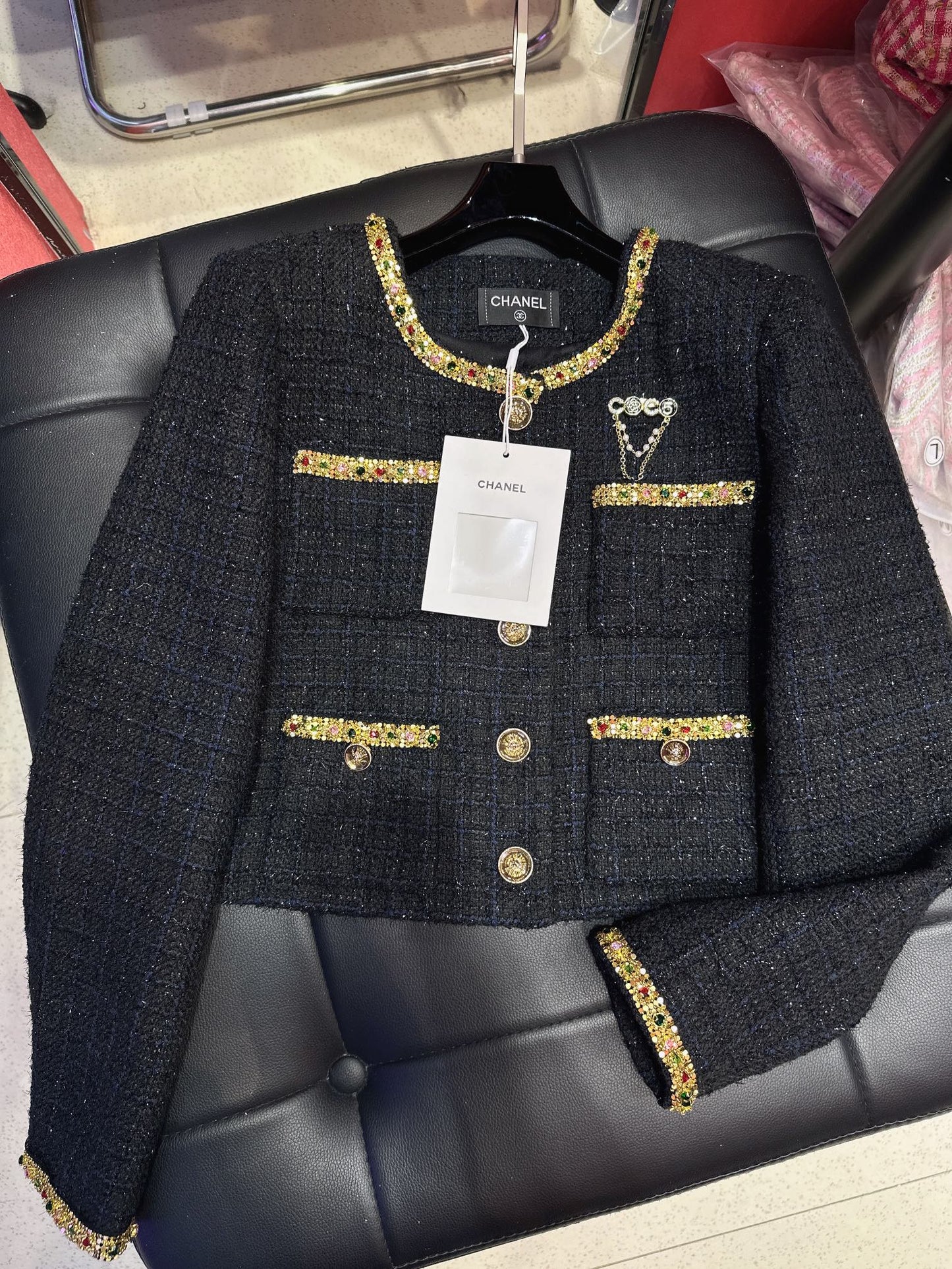 CC Brooch Tweed Gold Rhinestones Trim Black Jacket