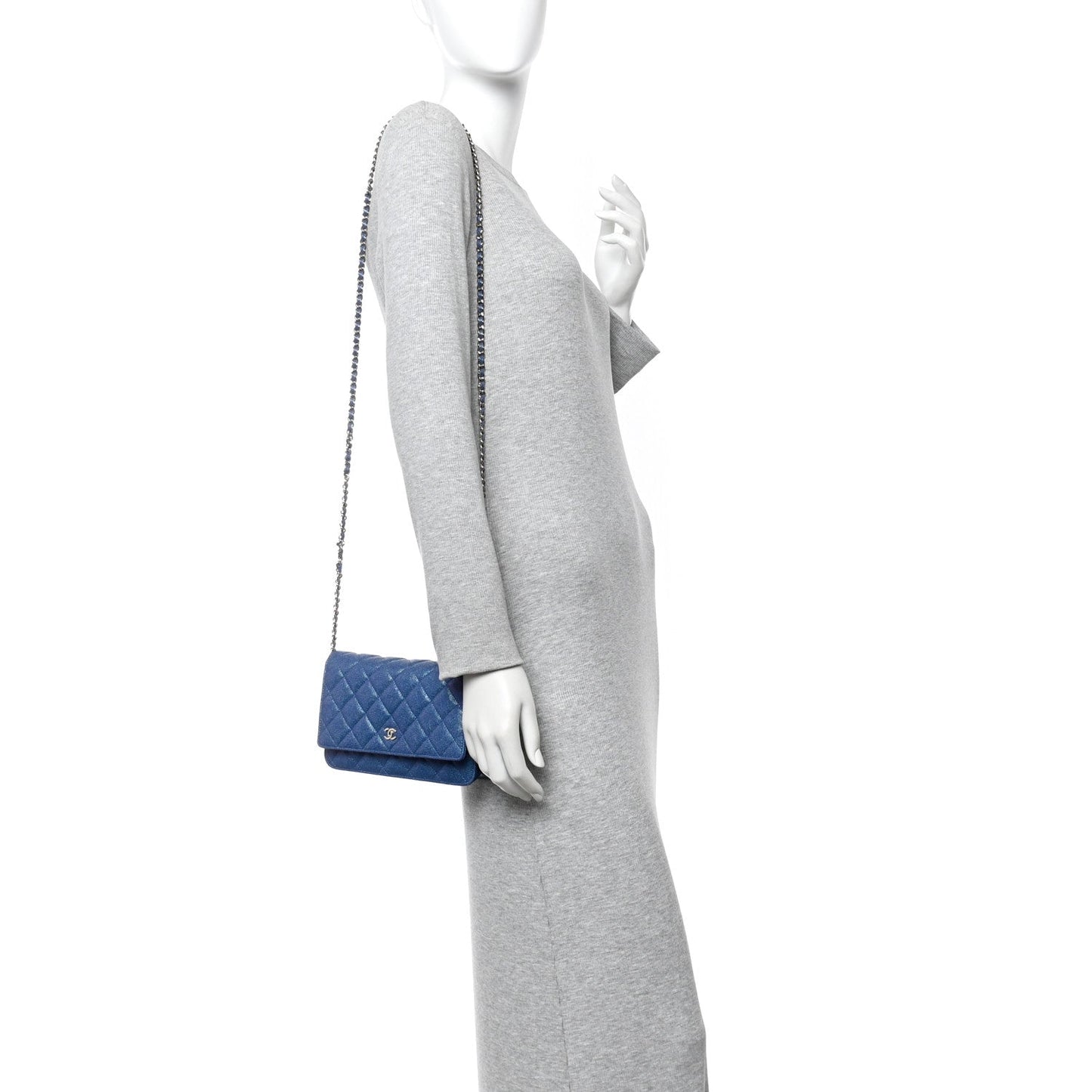 Iridescent Caviar Quilted Wallet on Chain WOC Dark Blue