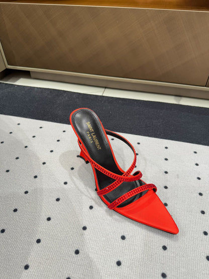HIGH CRYSTAL STRAP SANDALS IN RED SILK