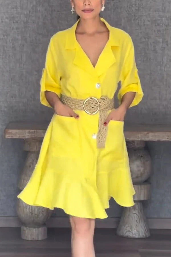 Vestido mini holgado con volantes, bolsillo y solapa, informal, de color liso
