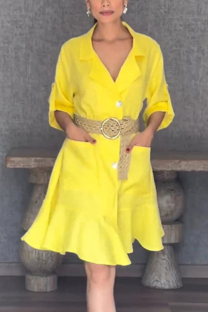Vestido mini holgado con volantes, bolsillo y solapa, informal, de color liso