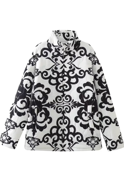 Chaqueta informal de algodón con cuello alto holgado y estampado 