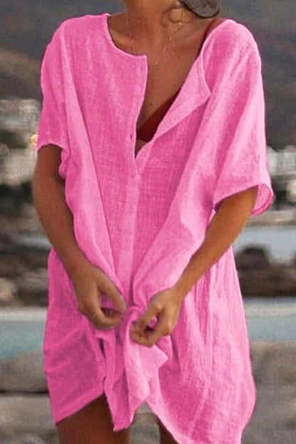 Vestido camisero holgado de manga corta de color liso para playa, ropa de protección solar 