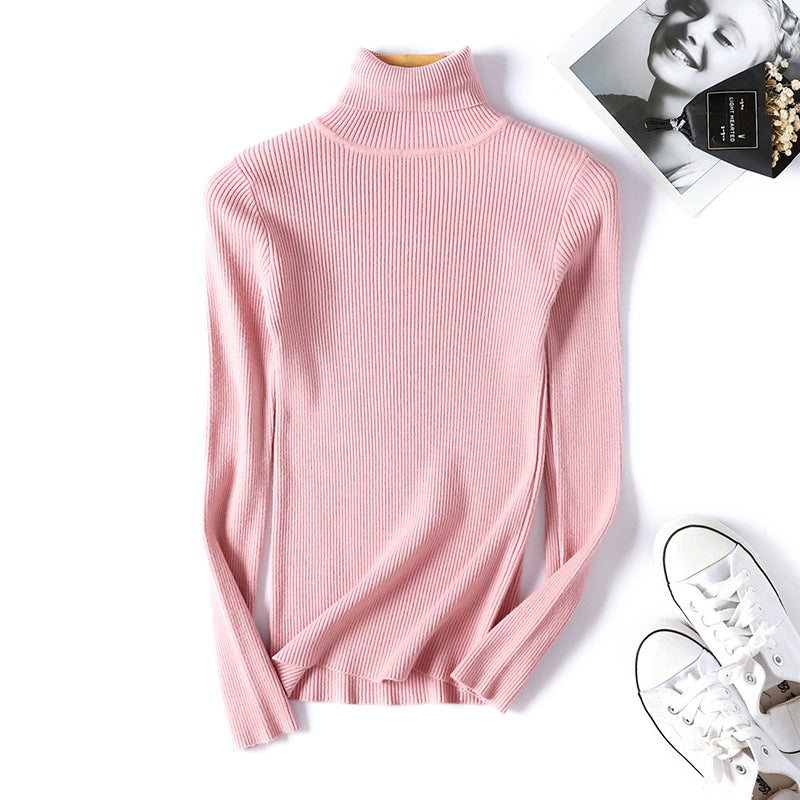 Suéter de cuello alto para mujer, camisa de manga larga ajustada, adelgazante, de color sólido, de punto fresco coreano para mujer