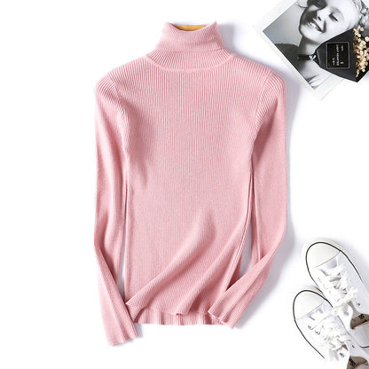 Suéter de cuello alto para mujer, camisa de manga larga ajustada, adelgazante, de color sólido, de punto fresco coreano para mujer