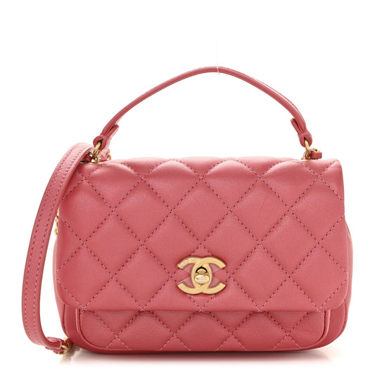 Metallic Calfskin Quilted Top Handle Flap Dark Pink