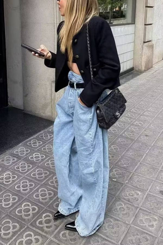 Chaqueta de botones con cuello redondo, corte entallado y bloques de color para mujer 