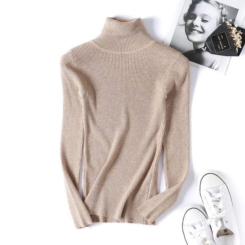 Suéter de cuello alto para mujer, camisa de manga larga ajustada, adelgazante, de color sólido, de punto fresco coreano para mujer