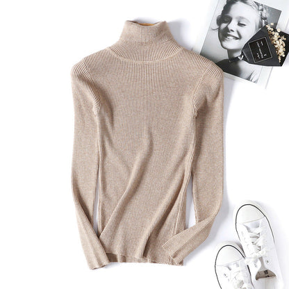 Suéter de cuello alto para mujer, camisa de manga larga ajustada, adelgazante, de color sólido, de punto fresco coreano para mujer