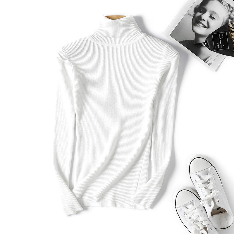 Suéter de cuello alto para mujer, camisa de manga larga ajustada, adelgazante, de color sólido, de punto fresco coreano para mujer